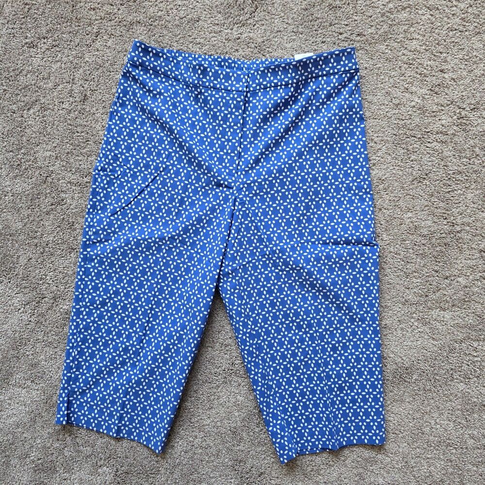 Susan Graver 14 Blue White Geometric Capri Pants Straight Leg Stretch A289431